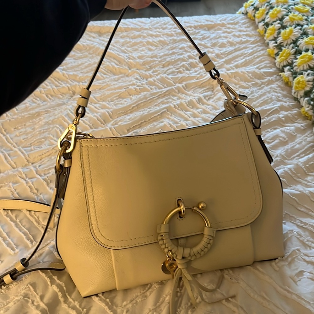 See By Chloe JOAN Leather Shoulder Bag CROSSBODY Cement Beige w/Gold Hardware.